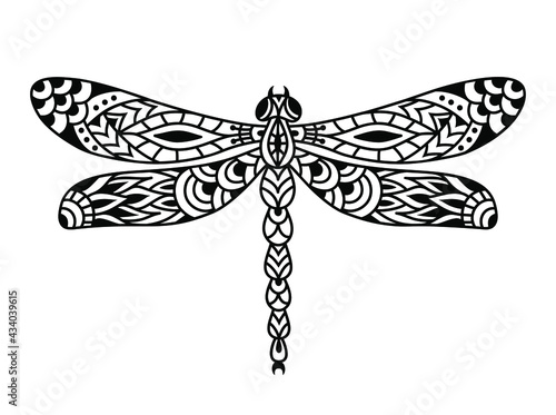 Dragonfly mandala. Vector silhouette illustration. Monochrome zentangle dragonfly sign. Linear art print. Vintage insect.