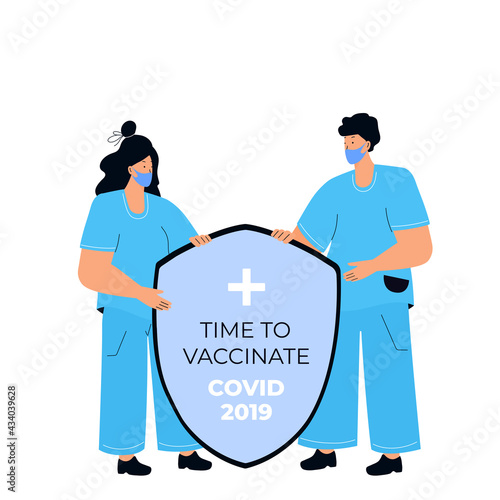 Two doctors are holding a shield. Protection from coronavirus COVID-19. Vaccination campaign. Time to vaccinate