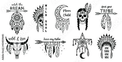 Set of tribal silhouette designs. Native american monochrome signs with inspirational quotes. Ethnic wild west collection. Traditional indian symbols. Boho style print for posters, card, tshirt.