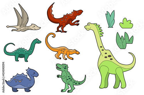 Fototapeta Naklejka Na Ścianę i Meble -  Set with funny cute dinos isolated on white background. Linear, contour,  colored version of animals. Illustration can be used as pictures for children