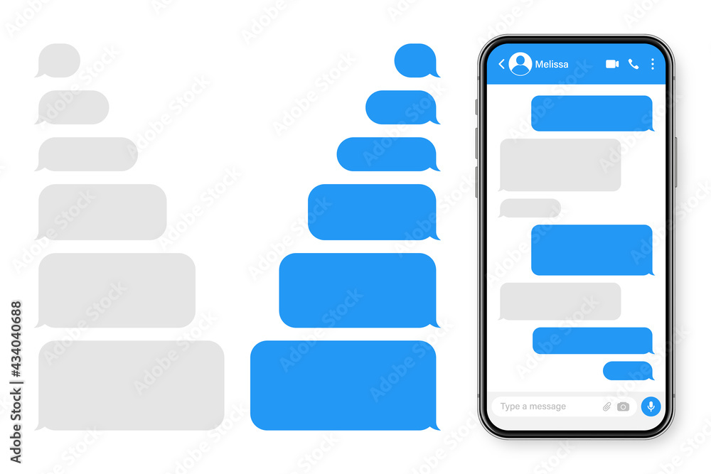 Realistic smartphone with messaging app. Blank SMS text frame. Messenger  chat screen with blue message bubbles. Social media application. Vector  illustration. Stock Vector