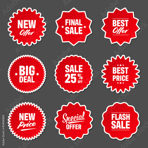 Realistic red price tags collection. Special offer or shopping discount label. Retail paper sticker. Promotional sale badge. Vector illustration.