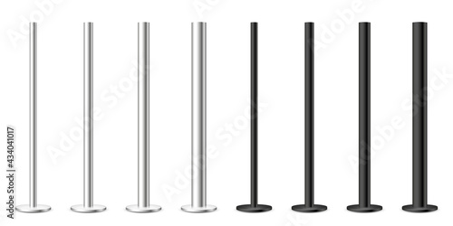 Realistic metal poles collection isolated on white background. Glossy steel pipes of various diameters. Billboard or advertising banner mount, holder. Vector illustration.
