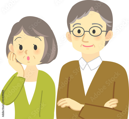 イラスト素材:老夫婦が感心した表情で同じ方向を見る場面 頬に手を当て話を聞く 