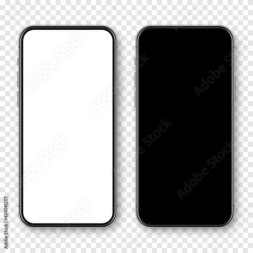 Realistic smartphone with blank touch screen on checkered background. Frameless mobile phone in front view. High quality detailed device mockup. Vector illustration.