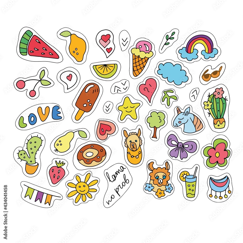 Patches summer clipart vector sun set of bright cute cartoon elements heart fruit llama unicorn rainbow clouds print paper sketch doodle
Patches summer clipart vector sun set of bright cute cartoon elements heart fruit llama unicorn rainbow clouds print paper sketch doodle