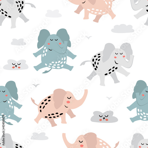Fototapeta Naklejka Na Ścianę i Meble -  Childish seamless pattern with cute elephant. Creative texture for fabric, textile