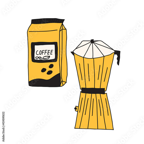 Hand drawn doodle vector illustration of moka percolator coffee pot for brewing hot espresso coffee. Isolated on white background.