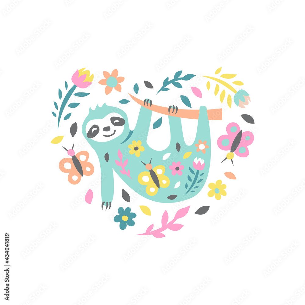 Sloth with flowers and butterflies on white. Childish cute print for card and poster. Vector Illustration