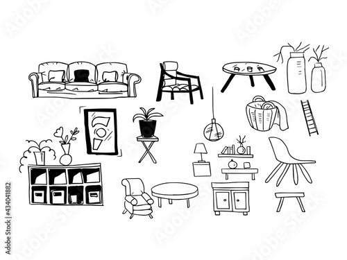 Furniture interior boho hugo style scandinavian doodle sketch isolated elements on a white background vector illustration hand drawn set clipart sofa armchair lamp shelf print