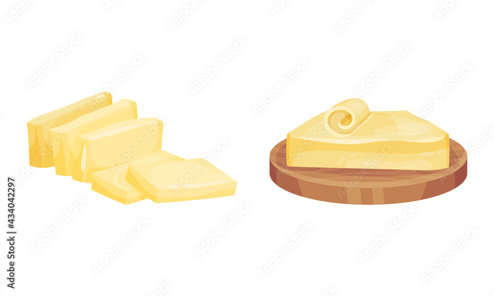 Fototapeta premium Butter as Dairy Product Rested on Wooden Board Vector Set