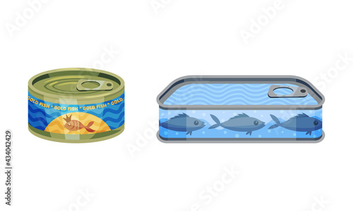 Closed Steel Labeled Can or Tin with Fish Vector Set