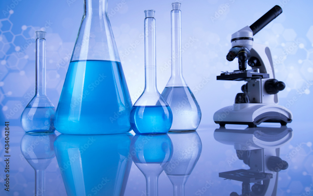 Microscope, Laboratory beakers,Science experiment Microscope, Laboratory beakers,Science experiment