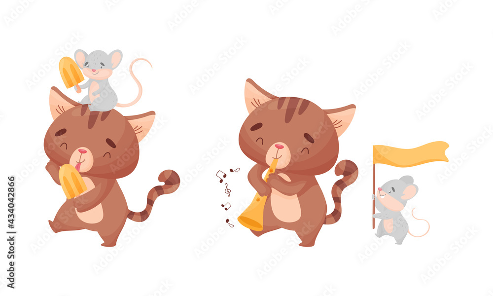 Cute Friendly Cat and Mouse Eating Ice Cream and Playing Trumpet Vector Set Cute Friendly Cat and Mouse Eating Ice Cream and Playing Trumpet Vector Set
