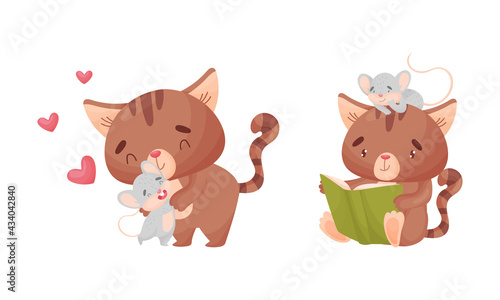Cute Friendly Cat and Mouse Reading Book and Embracing Vector Set