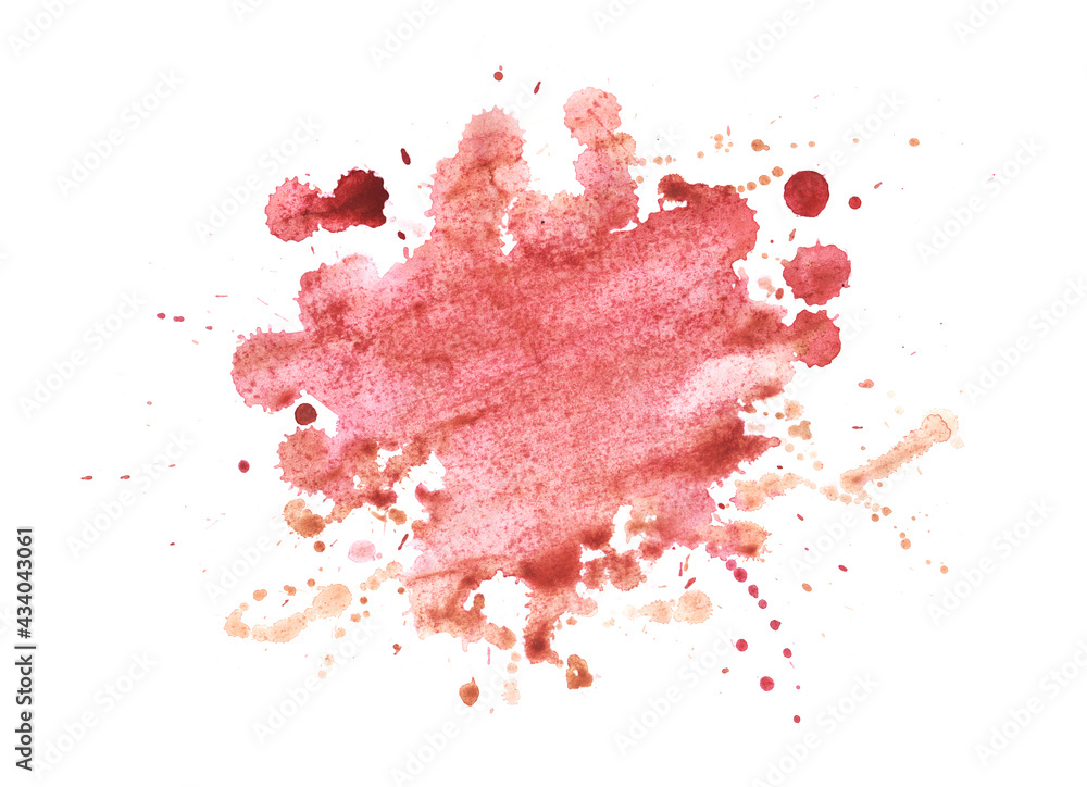 Abstract watercolor background with spot of crimson paint. Blood blotch with small splashes against white backdrop. Hand drawn scary illustration on textured paper