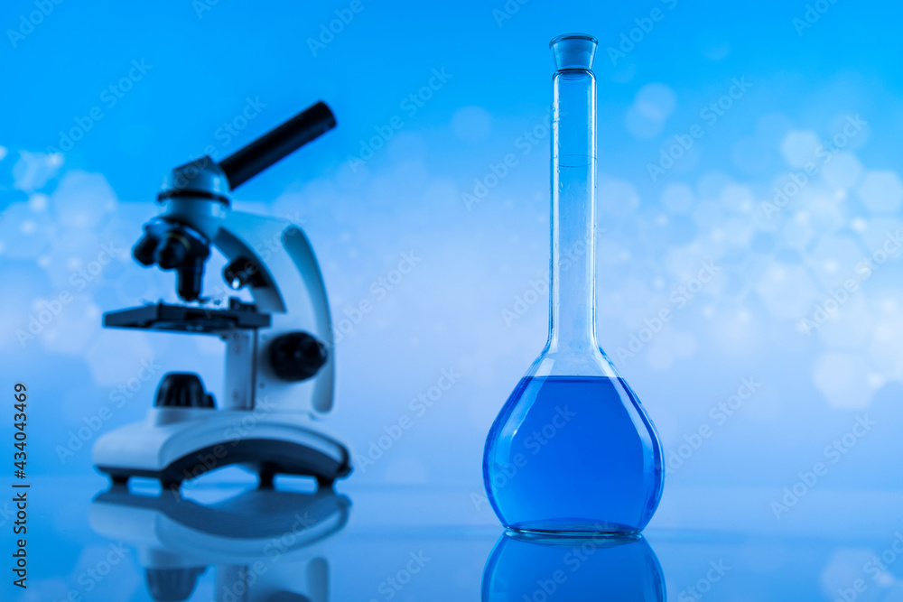 Microscope, Laboratory beakers,Science experiment Microscope, Laboratory beakers,Science experiment