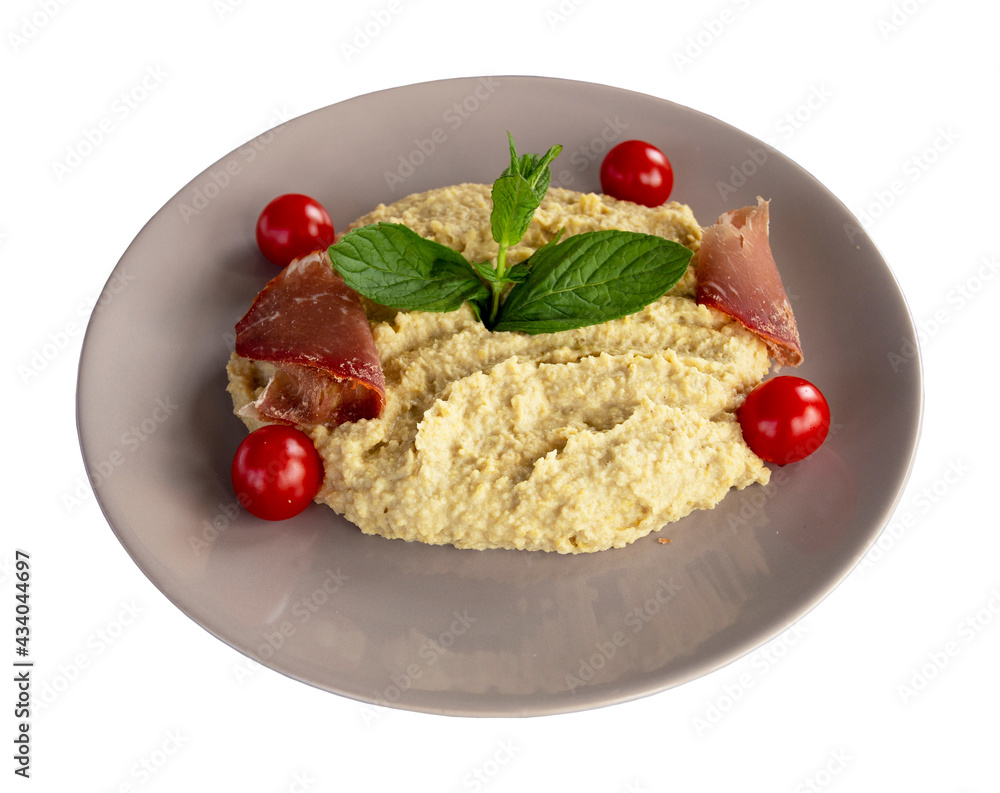 Hummus plate on a white background. Healthy foods. Local name humus Hummus plate on a white background. Healthy foods. Local name humus