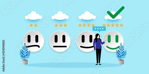 Customer service and Satisfaction concept With icons.  people are touching the virtual screen on the happy Smiley face icon to give satisfaction in service. Cartoon Vector People Illustration