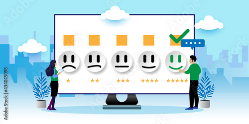 Customer service and Satisfaction concept With icons.  people are touching the virtual screen on the happy Smiley face icon to give satisfaction in service. Cartoon Vector People Illustration