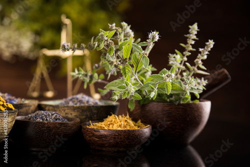 Black mirror background, Natural remedy, healing herbs