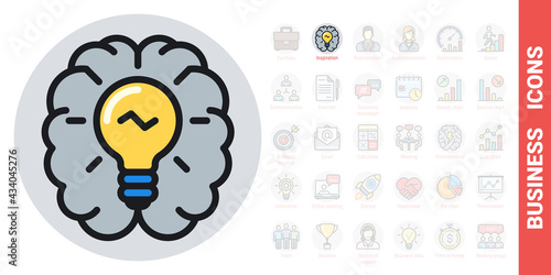 Inspiration or imagination icon. Human brain with a light bulb inside. Simple color version from a series of business icons