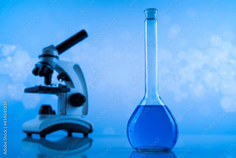 Microscope, Laboratory beakers,Science experiment Microscope, Laboratory beakers,Science experiment