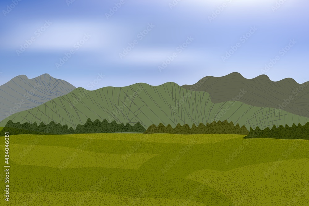 Beautiful meadow with distant stylized mountains and trees.