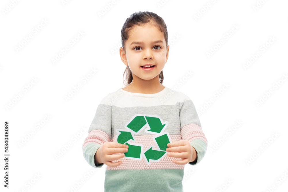 eco living, environment and sustainability concept - smiling girl holding green recycling sign over white background eco living, environment and sustainability concept - smiling girl holding green recycling sign over white background