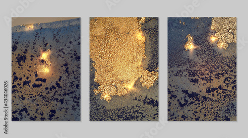 Blue and gold pattern with texture of geode and sparkles. Abstract vector background in alcohol ink technique. Modern paint with glitter. Set of backdrops for banner, poster design. Fluid art
