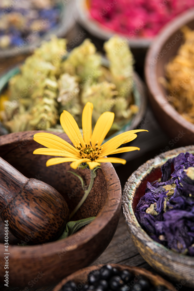 Natural remedy and wooden table background Natural remedy and wooden table background