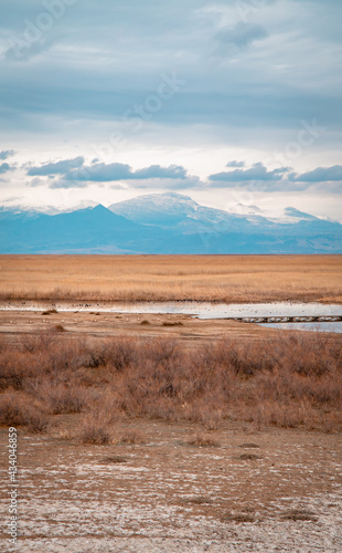 Moody vertical view of landscapes with marshes and lakes inside Sultan Reedy (Sultansazligi) National Park, Central Anatolia, Turkey