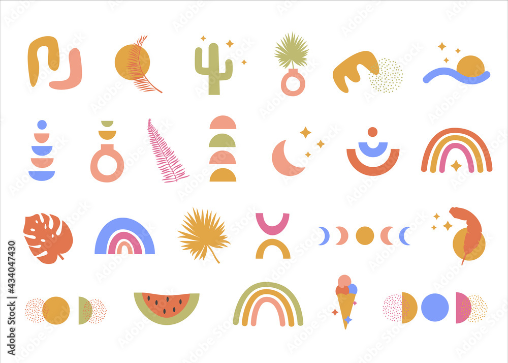 Bohemian Tropical Summer Set of abstract elements in bright colors. Trendy boho hand drawn doodle shapes in contemporary flat style. Modern Geometric scribble objects. Isolated Vector on white.