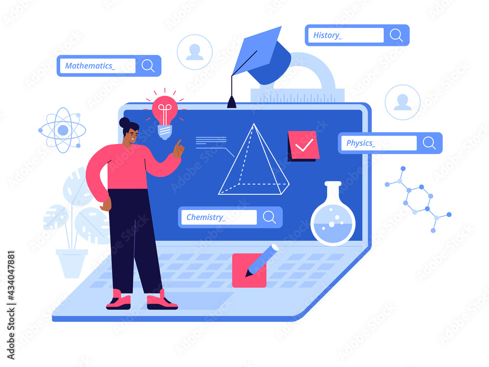 Online education scene concept. Student study remotely, learning mathematics, history, chemistry, physics lessons. Science research, training, webinars and course. Vector character illustration Online education scene concept. Student study remotely, learning mathematics, history, chemistry, physics lessons. Science research, training, webinars and course. Vector character illustration
