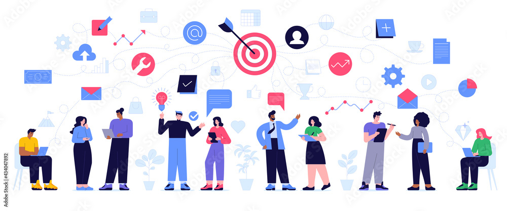 Team colleagues at office concept. Company employees working together, doing work tasks, communication, teamwork, targeting, innovation, planning, success strategy. Vector character illustration