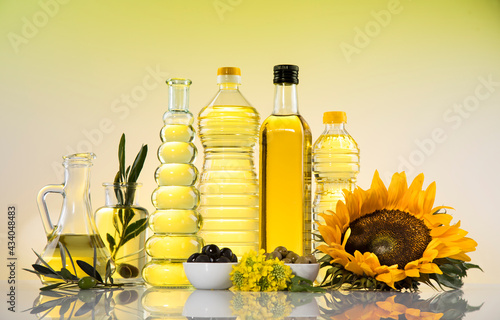 Cooking oils, Olive oil, Rape, Sunflower flowers in bottles