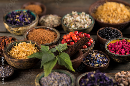 Natural remedy and wooden table background