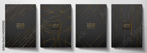Modern black cover design set. Luxury dynamic gold circle, line pattern. Creative premium stripe vector background for business catalog, brochure cover template, notebook, invite