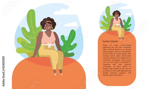 Illustration pour encart de magazine, conseils de jardinage, nature et biologique, alimentation saine, femme Afro assise devant des feuilles vertes, sourire et confiance