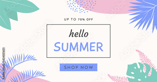 Wallpaper Mural Trendy abstract horizontal banner template with tropical palm leafs and geometric elements. Modern colorful summer sale background design with place for text for web, internet ad. Flat colorful Vector Torontodigital.ca