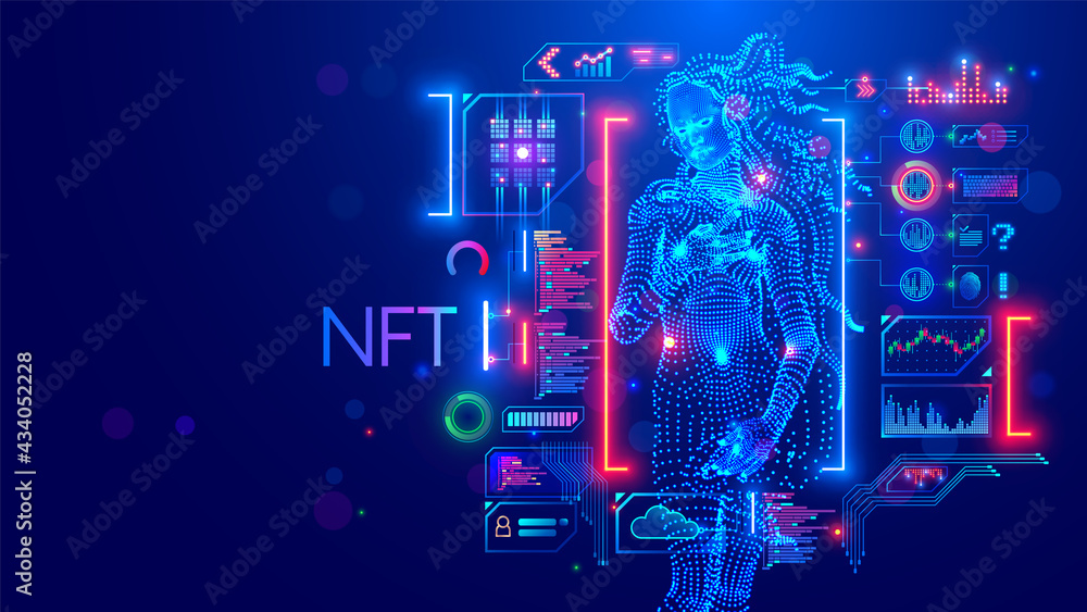 NFT token in artwork. Blockchain technology in digital crypto art, computer  illustration, design. Create ERC20 of collectibles. Investment in  cryptographic. Birth of Venus. Conceptual banner. Stock Vector | Adobe Stock