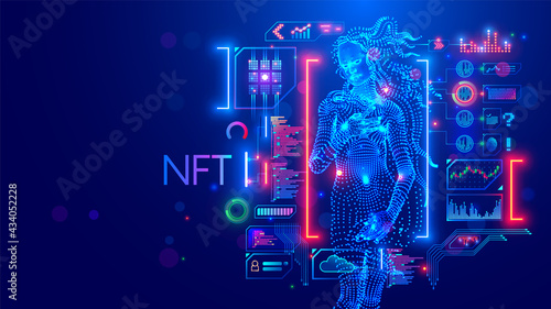 NFT token in artwork. Blockchain technology in digital crypto art, computer illustration, design. Create ERC20 of collectibles. Investment in cryptographic. Birth of Venus. Conceptual banner.