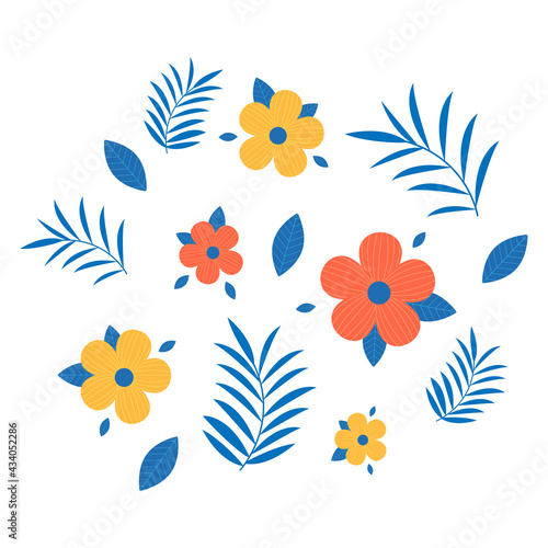 Set of flowers and leave  floral collage. Vector illustration.
