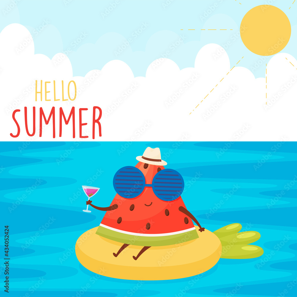 Cute cartoon watermelon character swims with cocktail, on the beach. Hello summer background. Cute cartoon watermelon character swims with cocktail, on the beach. Hello summer background.