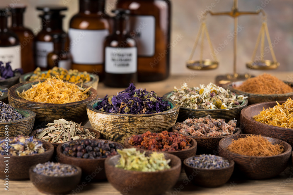 Natural medicine, wooden table background