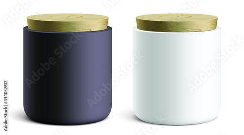 Modern style round ceramic containers, covered with a wooden lid. Vector illustration of white and black canisters standing on a white background.