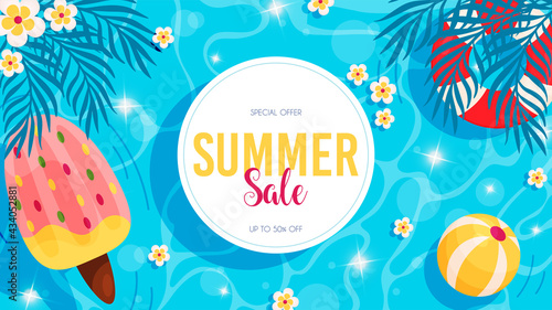 Summer sale flyer. Hello summer pool background. Vector illustration