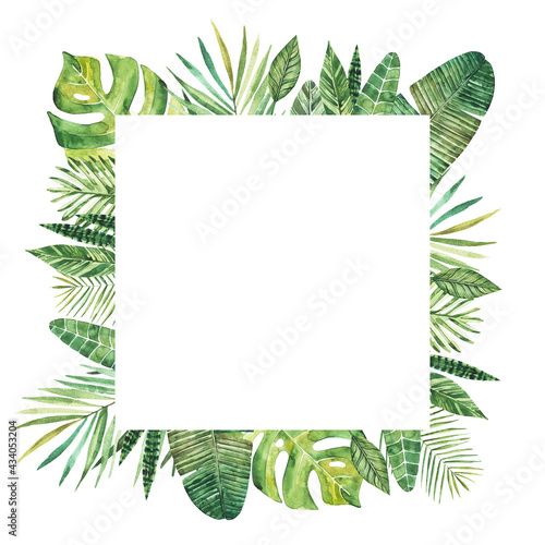 Watercolor square frame of tropical leaves and branches. A background for invitations, advertising, postcards