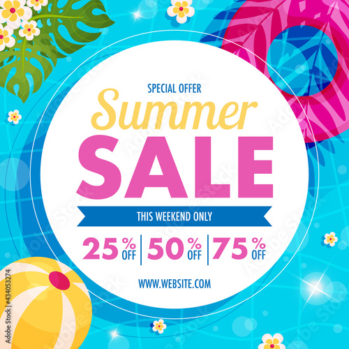 Summer sale flyer. Hello summer pool background. Vector illustration