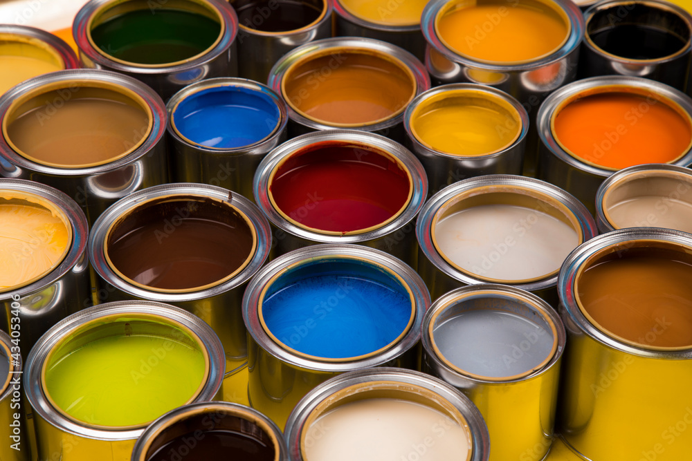 Collection of colored paints cans Collection of colored paints cans